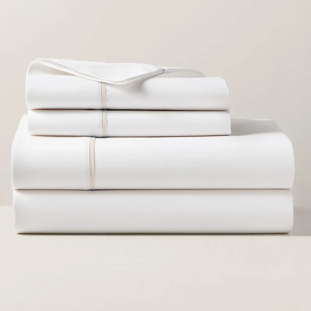Ralph Lauren Palmer Percale Queen Flat Sheet Sand Dune Trim Organic Cotton NEW